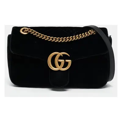 Gucci Black Matelassé Velvet Small GG Marmont Shoulder Bag