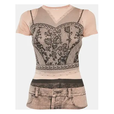 Christian Dior Boutique Peachy Beige Trompe l'oeil Print Cotton T-Shirt