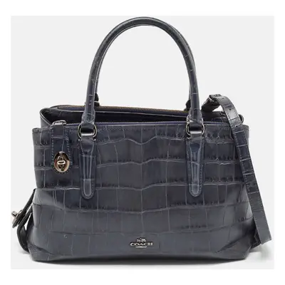 Coach Navy Blue Croc Embossed Leather Brooklyn Carryall Tote