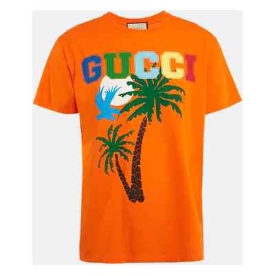 Gucci Orange Gucci Palm Trees Print Cotton Oversized Crew Neck T-Shirt