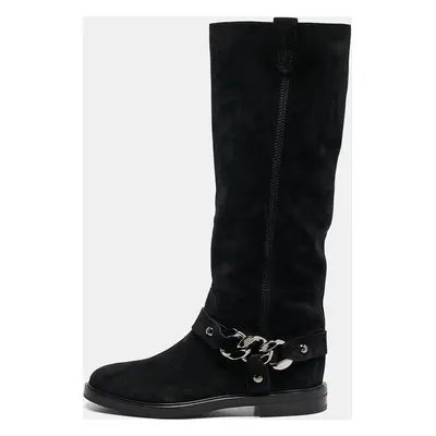 Casadei Black Suede Chain Detail Knee Length Boots Size 38.5