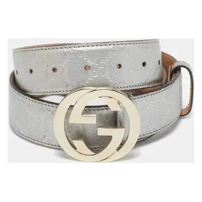 Gucci Silver Guccissima Leather Interlocking G Buckle Belt 95CM