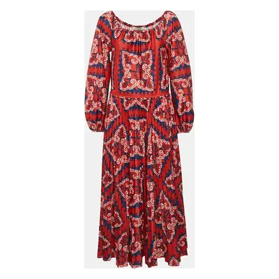 Valentino Red Printed Jersey Pleated Off-Shoulder Maxi Dress