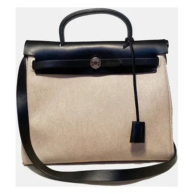 Hermes Black And Beige Canvas Herbag Tote