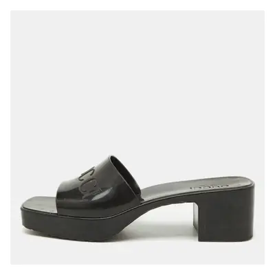 Gucci Black Rubber Logo Embossed Platform Slide Sandals Size