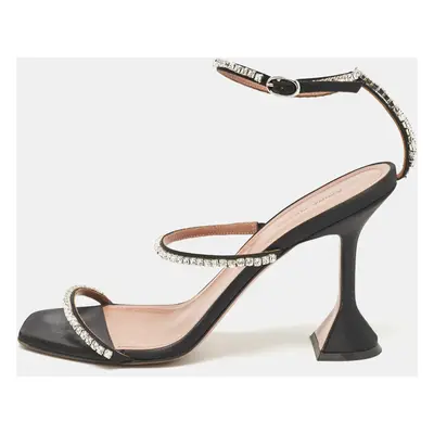 Amina Muaddi Black Satin Crystal Embellished Glida Sandals Size 40.5