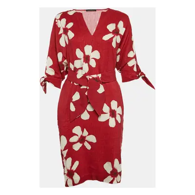 CH Carolina Herrera Red Floral Print Crepe Mini Dress