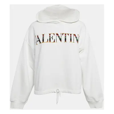 Valentino White Logo Sequin Embellished Cotton Knit Hoodie