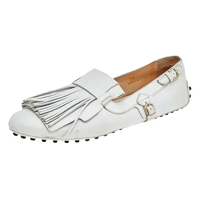 Tod's White Leather Fringe Slip on Loafers Size