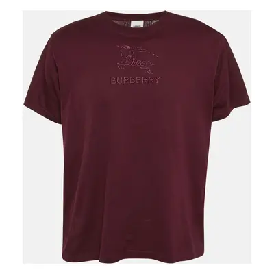 Burberry Burgundy Logo Embroidery Cotton Crew Neck T-Shirt