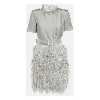 Burberry Grey Cotton Blend Ostrich Feather Fringed Short Dress