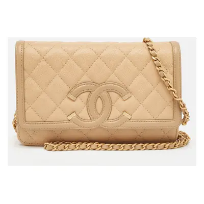 Chanel Beige Quilted Caviar Leather Filigree Wallet on Chain