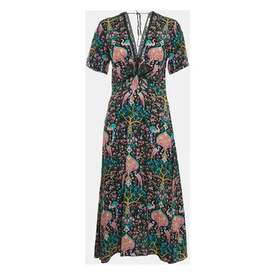 Sandro Multicolor Printed Crepe Jacquard Lace Trim Detail Midi Dress