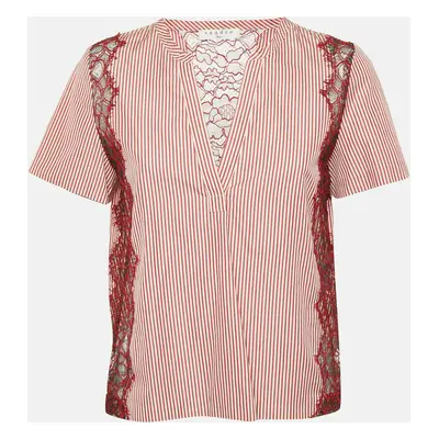 Sandro Red Stripe Cotton Lace Trimmed Top