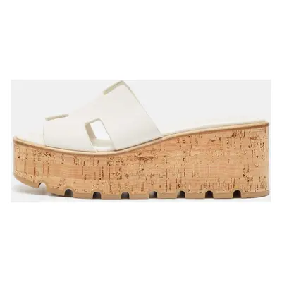 Hermes White Leather Eze Cork Platform Wedge Sandals Size