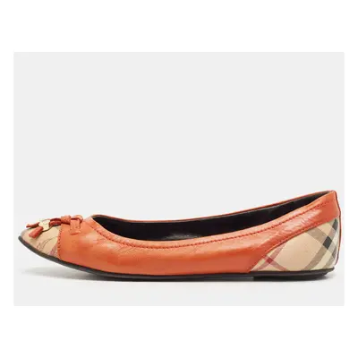 Burberry Dark Orange Leather And Coated Canvas Bow Toe Cap Ballet Flats Size 37.5