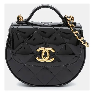 Chanel Black Mini CC Quilted Patent Leather Top Handle Clutch with Chain