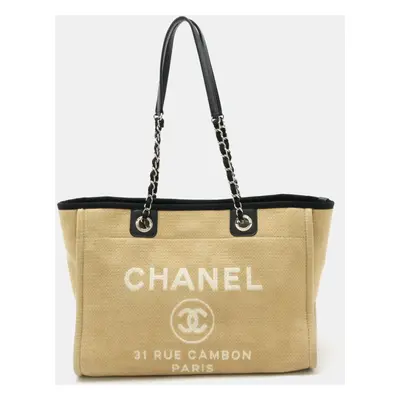 Chanel Beige Black Deauville Line Medium Tote MM Bag