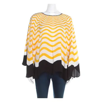 Fendi Yellow and Off White Wave Printed Silk Contrast Bow Trim Detail Kaftan Top