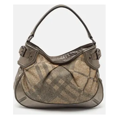 Burberry Metallic Grey Shimmer Check Canvas Medium Fairby Hobo Bag