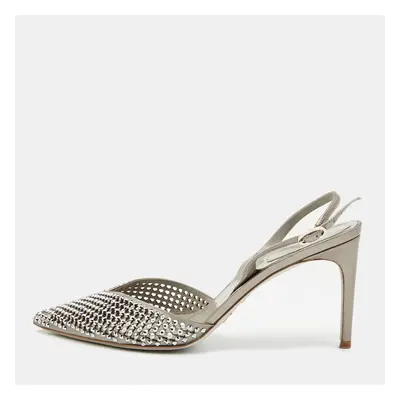 René Caovilla Silver Satin Crystal Embellished Slingback Pumps Size