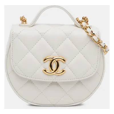 Chanel White Mini CC Quilted Aged Calfskin Top Handle Clutch with Chain