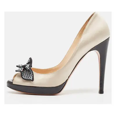 Casadei Beige/Black Satin Crystal Bow Peep Toe Pumps Size