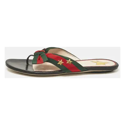 Gucci Black Leather Cindi Web Bow Star Detail Flat Thong Sandals Size