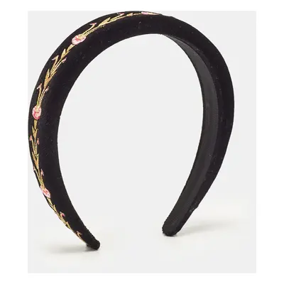 Tory Burch Black Floral Embroidered Velvet Hairband