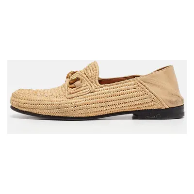 Gucci Beige Leather and Raffia Jordaan Loafers Size