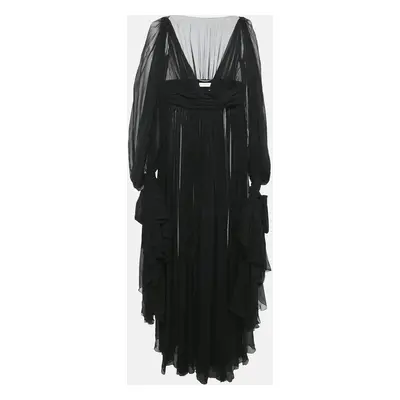 Saint Laurent Paris Black Sheer Silk Elongated Sleeve Wrap Maxi Dress