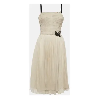 D&G Cream Silk Flared Sleeveless Midi Dress