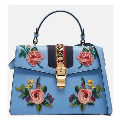 Gucci Blue Leather Floral Embroidered Sylvie Top Handle Bag