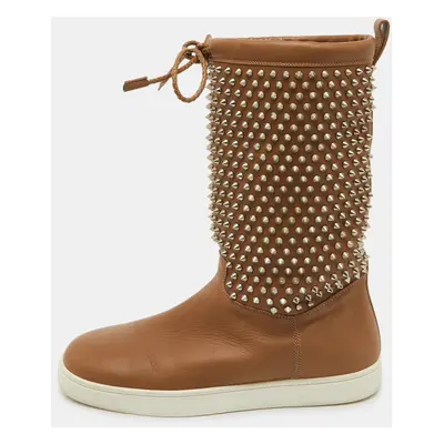 Christian Louboutin Brown Leather Surlapony Spiked Mid Calf Boots Size