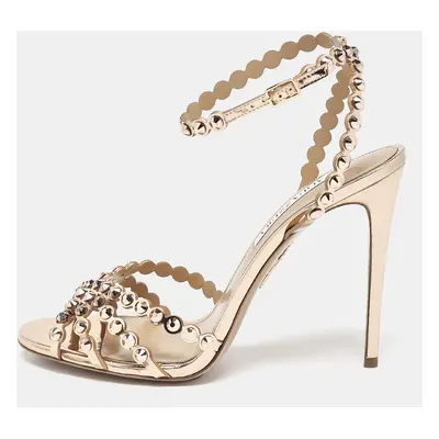 Aquazzura Rose Gold Crystal Embellished Leather Tequila Ankle Strap Sandals Size