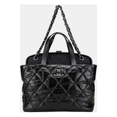 Chanel Black Quilted Glazed Calfskin and Tweed Portobello Frame Satchel