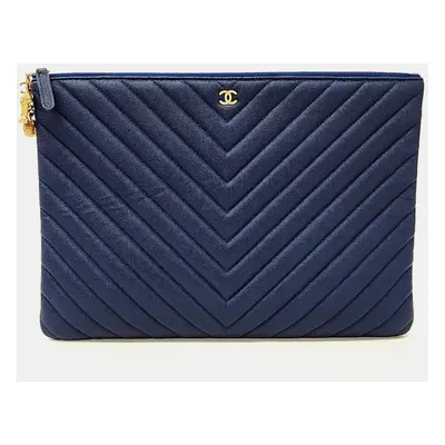 Chanel Navy Blue Leather Chevron Charm Large Clutch