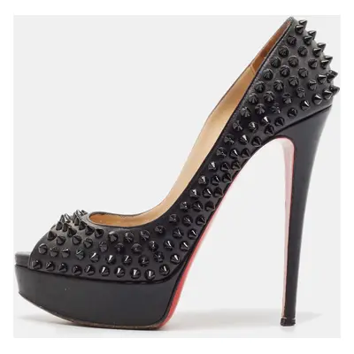 Christian Louboutin Black Leather Lady Peep Toe Spikes Platform Pumps Size