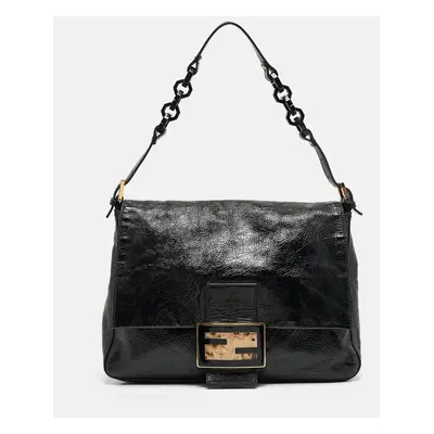 Fendi Black Crinkled Patent Leather Mama Baguette Shoulder Bag