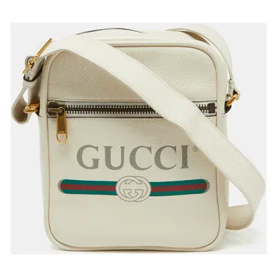 Gucci White Leather Logo Print Messenger Bag