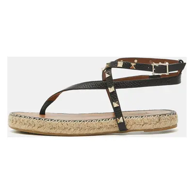 Valentino Black Leather Rockstud Ankle Strap Espadrille Thong Flats Size