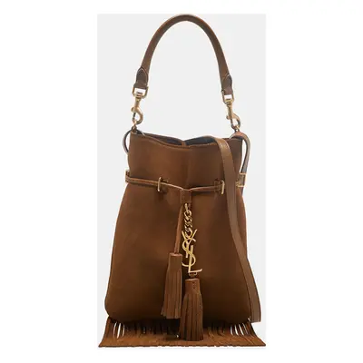 Saint Laurent Brown Suede Tassle Fringe Bucket Bag