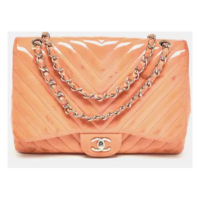 Chanel Pink Chevron Patent Leather Jumbo Classic Single Flap Bag