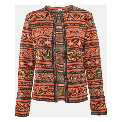 M Missoni Orange/Multicolor Patterned Knit Wool Blend Cardigan