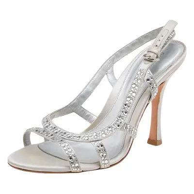 Sergio Rossi Silver Satin Crystal Embellished Slingback Sandals Size 36.5