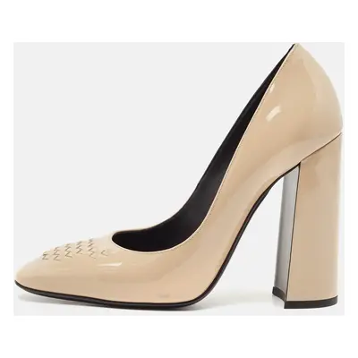 Bottega Veneta Beige Patent Leather Intrecciato Detail Block Heel Pumps Size 36.5