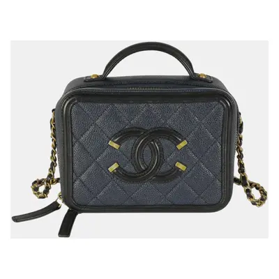 Chanel Black Navy Quilted Caviar Small CC FIligree Vanity Case