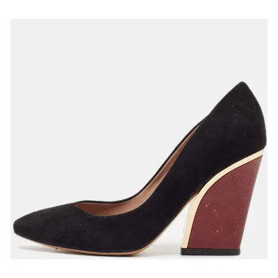 Chloe Black/Burgundy Lizard Embossed Leather and Suede Block Heel Pumps Size