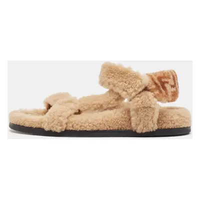 Fendi Brown Shearling Fur FF Flat Sandals Size