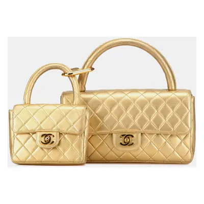 Chanel Gold Lambskin Parent Child Kelly Set Top Handle Bag